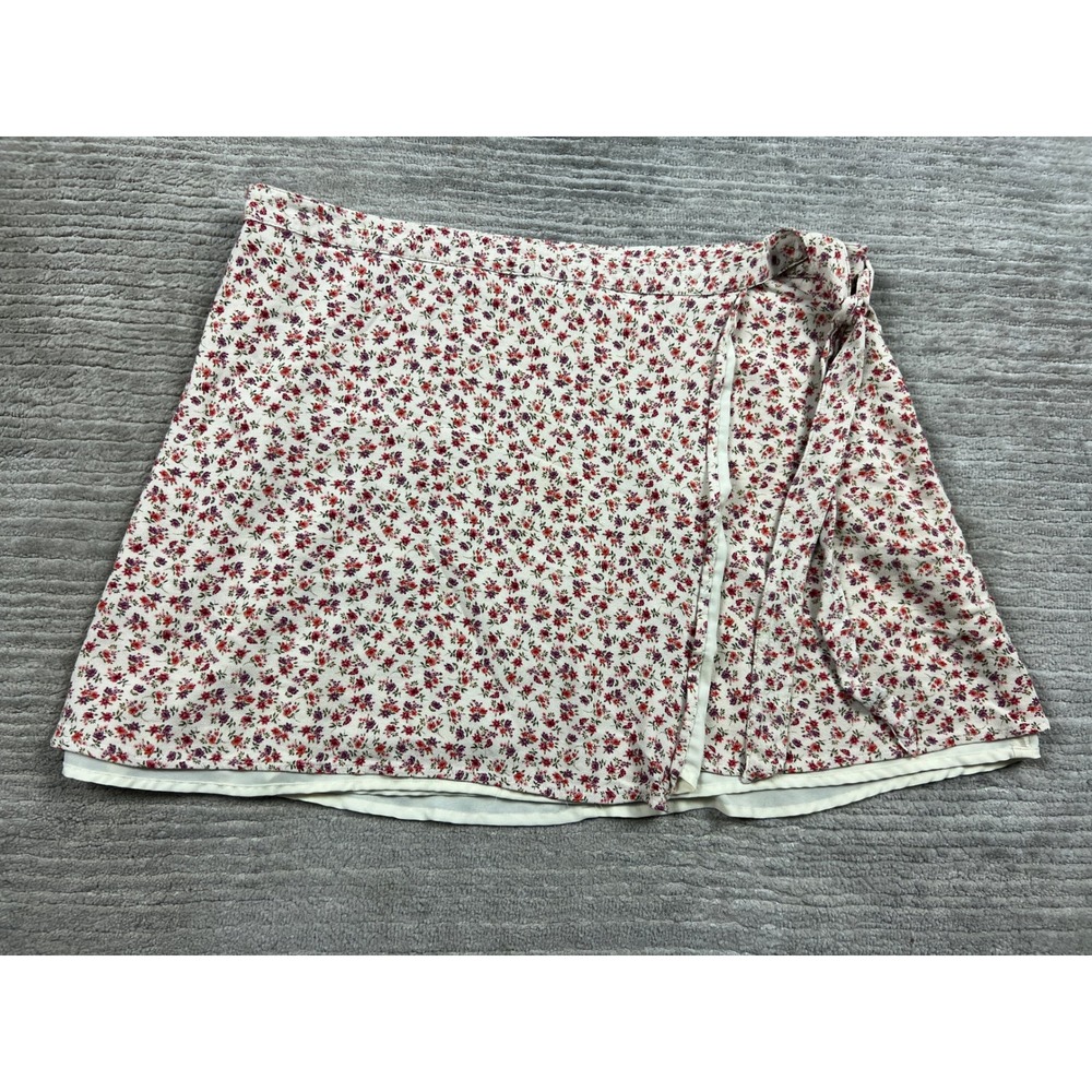 American Eagle Womens XL Floral Wrap Mini Skirt Cream Red Ditsy Print Viscose